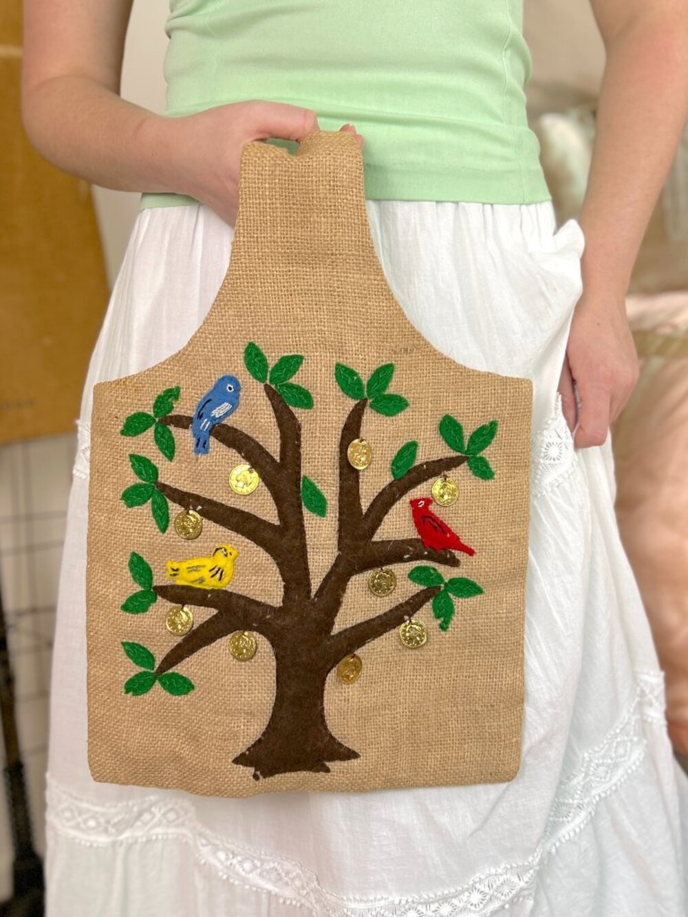Vintage 1970s Burlap Tote Bag, Hand Felt Applique Tree Birds & Coins, Boho Purse